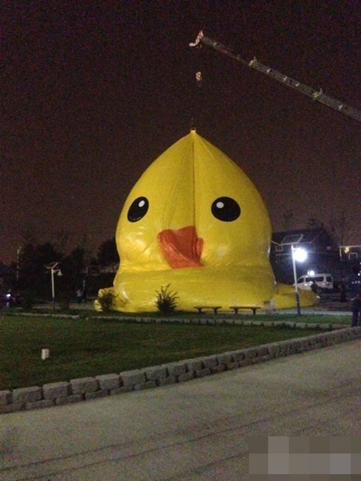 大黃鴨夜間亮相北京園博園 曝充氣全過程