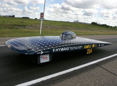 Solar car "Suntiger VI" drives along the road 
